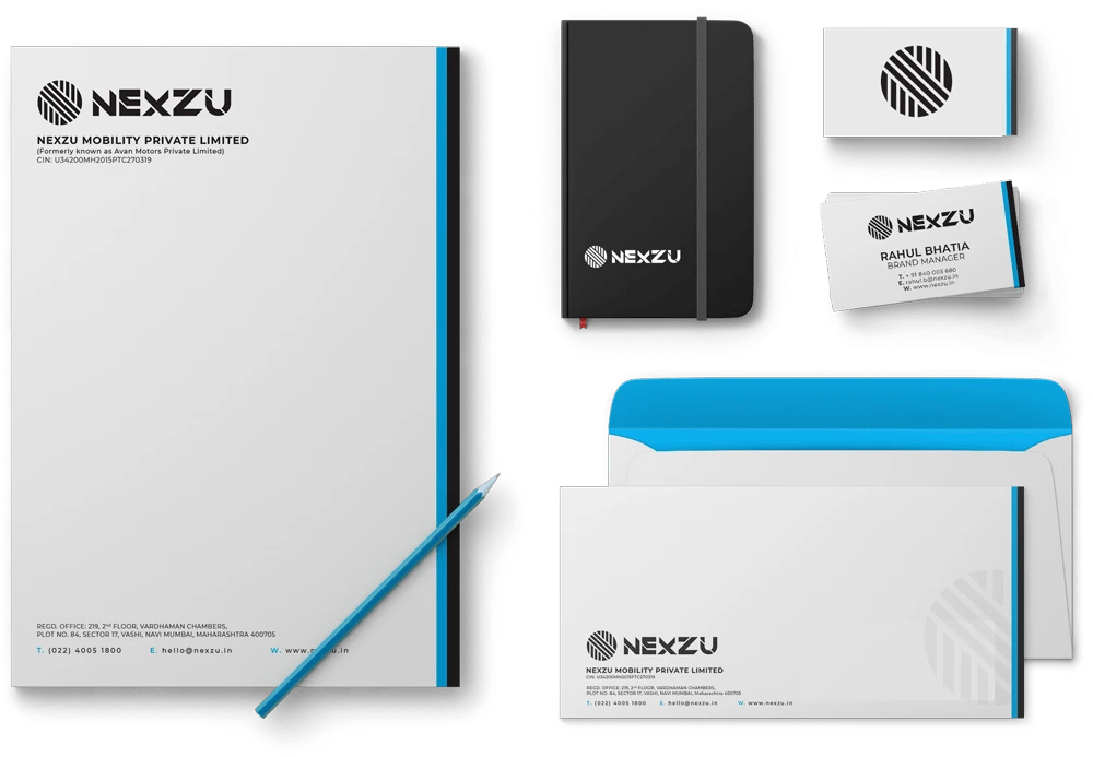Nexzu Electric Vehicle Startup Branding - Almond Branding Top Branding Agency India Best Startup Branding Brand Identity Design Brand Naming Best Branding Agency Nexzu Corporate Stationery Design 1