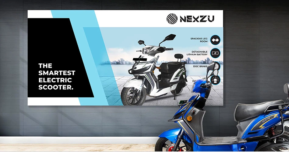 Nexzu Electric Vehicle Startup Branding - Almond Branding Top Branding Agency India Best Startup Branding Brand Identity Design Brand Naming Best Branding Agency Nexzu Dealer Store Design