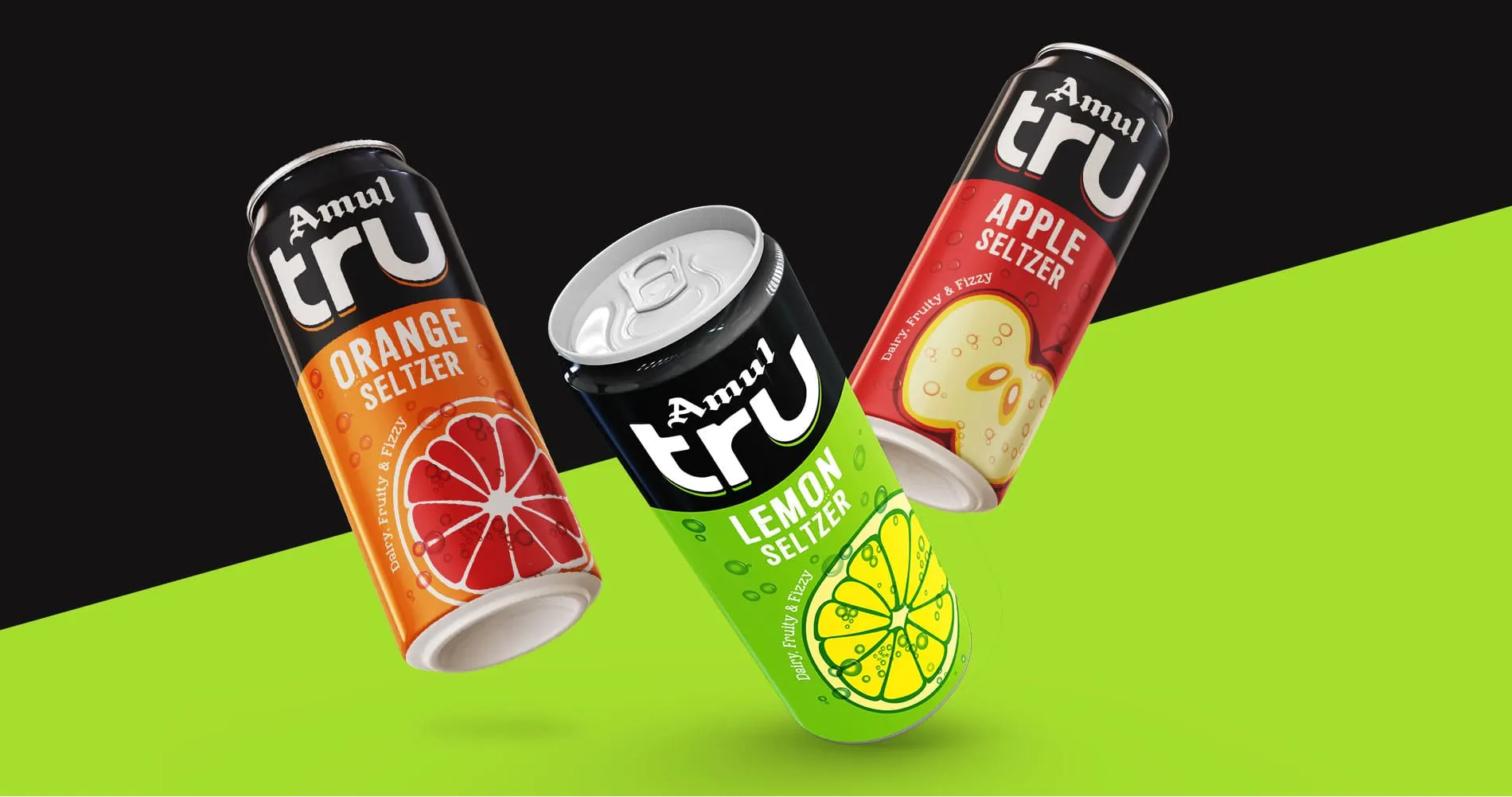 Amul TRU Seltzer Category Creation & Packaging Design - Almond Branding Top Branding Agency India Best Packaging Design Agency Mumbai Amul TRU Seltzer Beverage Pack Design Cans