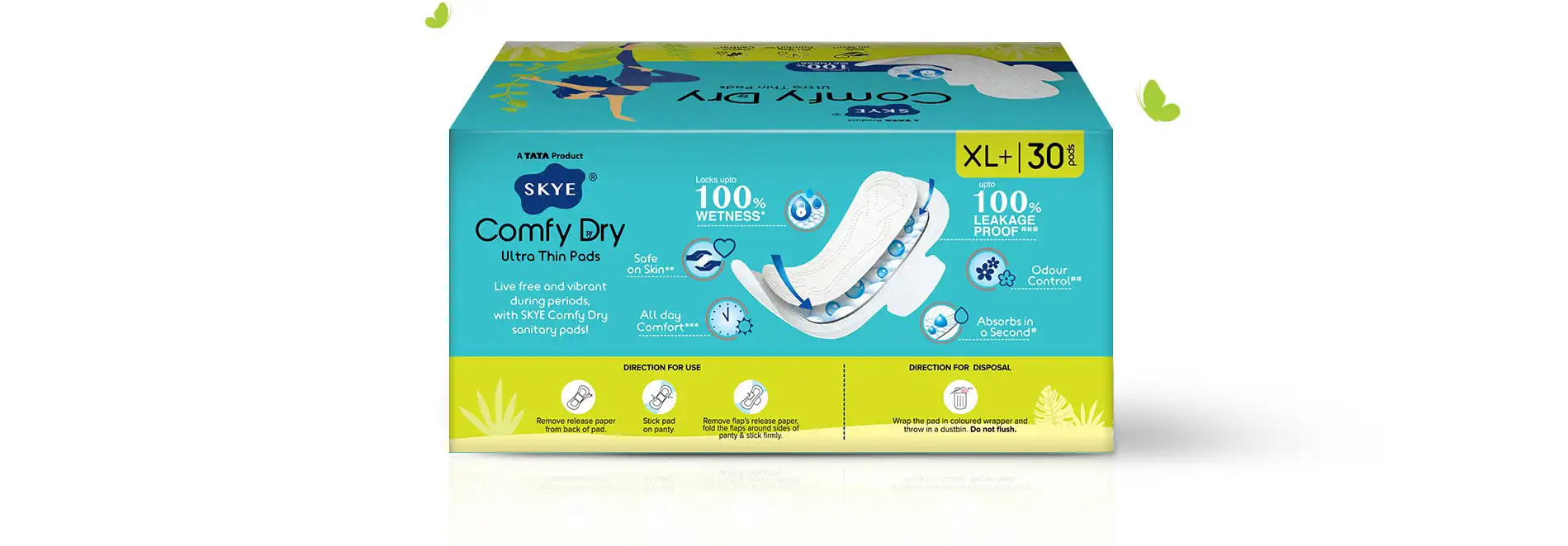 TATA Skye Sanitary Pads Packaging Design - Almond Branding Best Packaging Design Agency Mumbai Tata Skye Sanitary Pads Star Bazaar Feminine Hygiene Packaging Design Back Of Pack 2