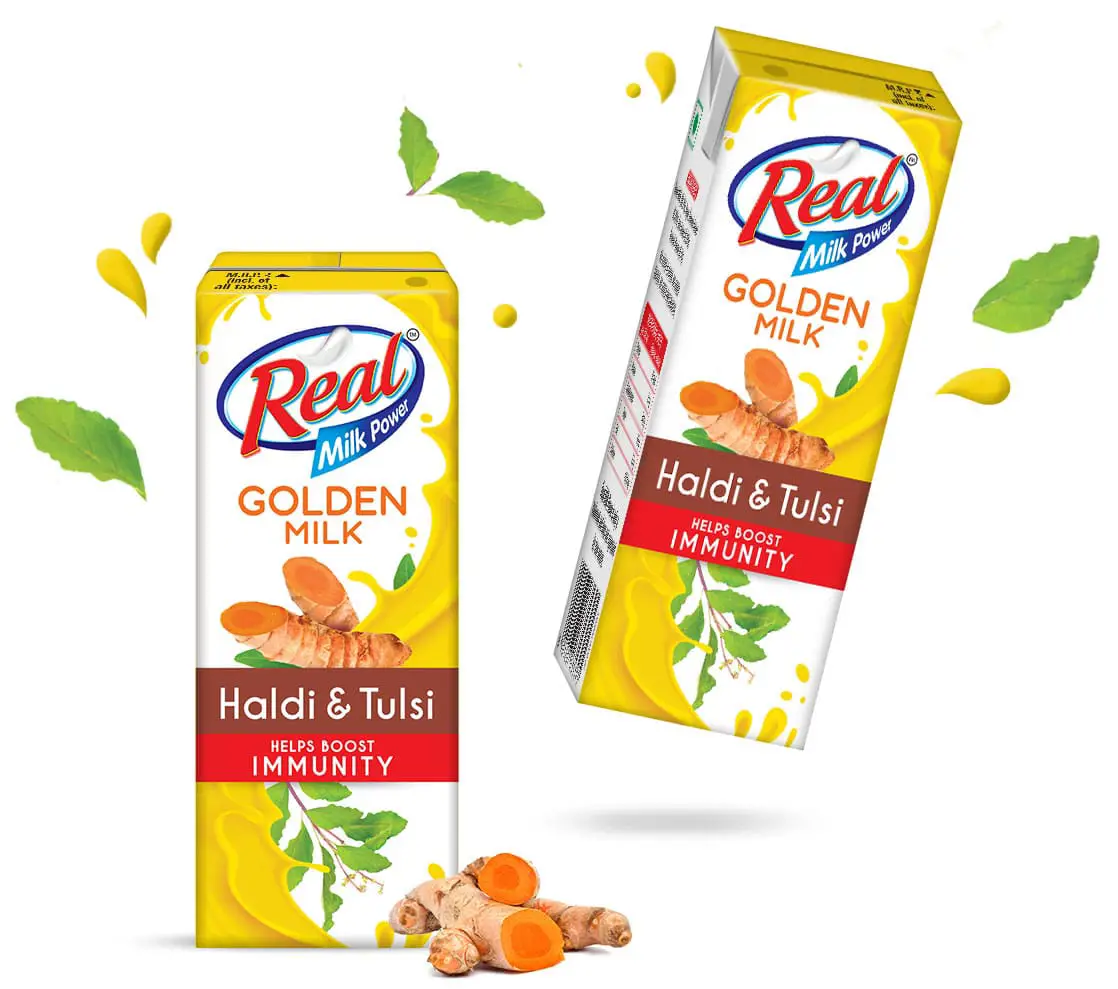 Dabur Real Golden Milk Immunity Booster Packaging - Almond Branding Top Branding Agency India Best Pack Design Agency Mumbai Dabur Real Golden Milk Turmeric Haldi Doodh Packaging