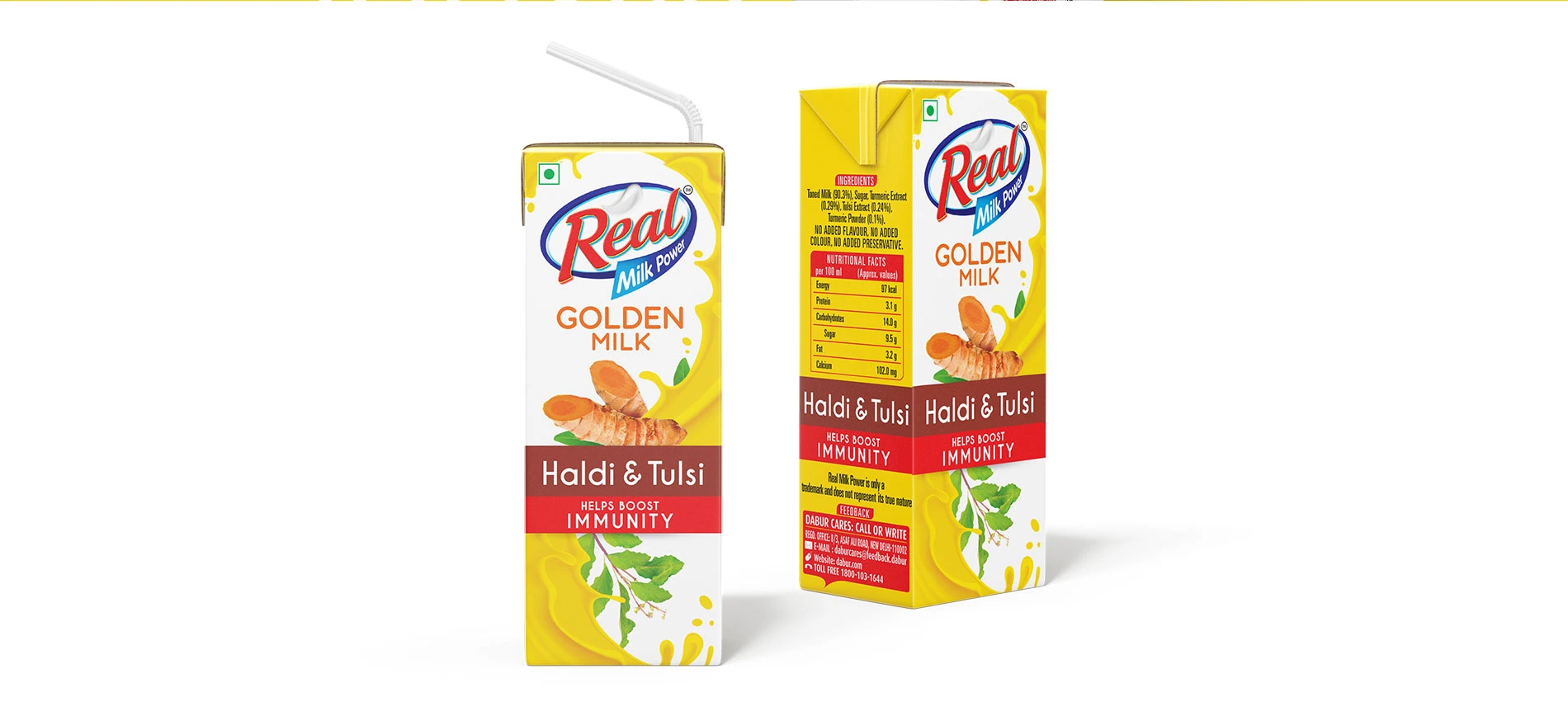 Dabur Real Golden Milk Immunity Booster Packaging - Almond Branding Top Branding Agency India Best Pack Design Agency Mumbai Dabur Real Golden Milk Turmeric Haldi Doodh Packaging Back Of Pack